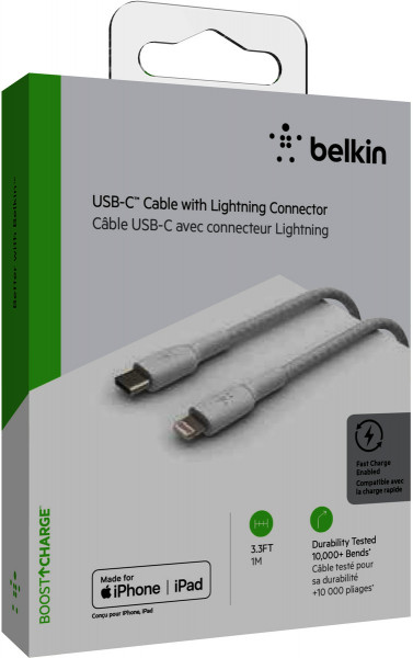 Belkin Apple Ladekabel Lightning auf USB-C Stoff ummantelt weiß 1m fast charge