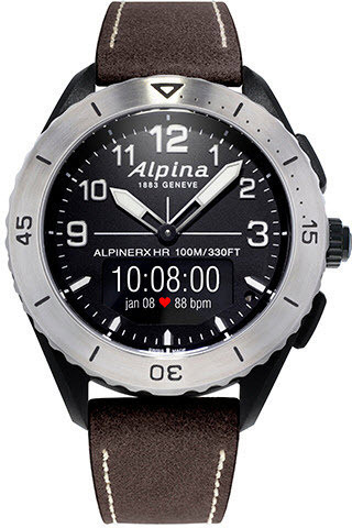Alpina ALPINERX HR QUARTZ Schwarz GPS Lederarmband Smartwatch Schweizer Uhr