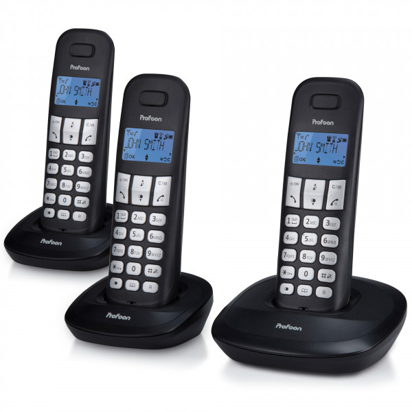 PROFOON DECT-Telefon mit 3 Mobilteilen schwarz Großtasten Hörgerätekompatibel