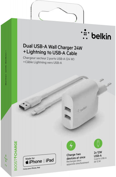 Belkin 2-in-1 USB-A Netzstecker Ladegerät & 1m Apple Lightning Kabel 24W weiß