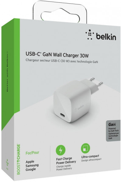 Belkin Ladegerät Apple iphone Samsung Galaxy Netzstecker USB-C 30W GaN weiß