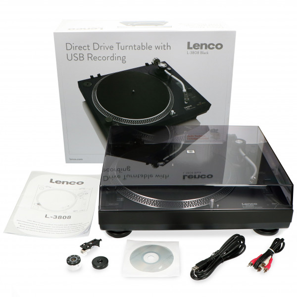 Lenco L-3808 schwarz Plattenspieler Direktantrieb USB Stroboskop Vorverstärker