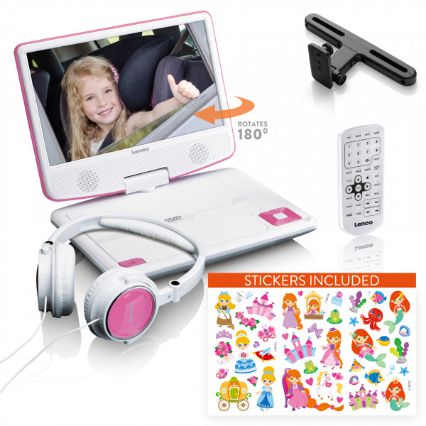 LENCO Port 9" DVD Player mit Halterung und pinken Kopfhörern