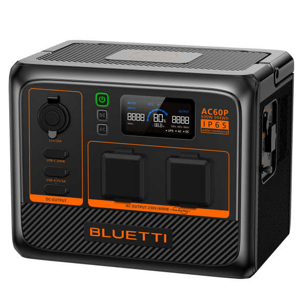 BLUETTI Powerstation AC60P Grau/Orange tragbar 600 W/504 Wh USB-C/-A erweiterbar
