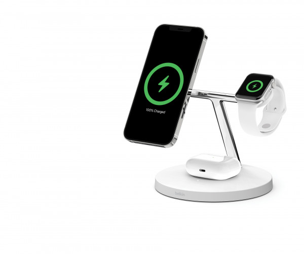 Belkin BOOST CHARGE PRO 3-in-1 Wireless Charger Qi2 15W white Akkuladegerät