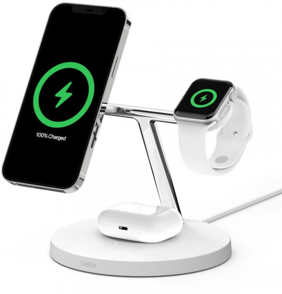 Belkin BoostCharge Pro 3-in-1-Ladestation mit Qi2 Weiss LED Kabelloses Laden