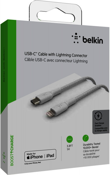 Belkin Apple Ladekabel Lightning auf USB-C Stoff ummantelt weiß 1m fast charge