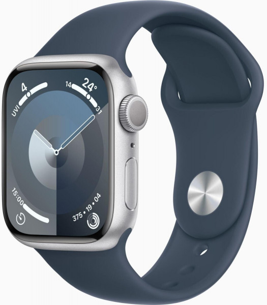 Apple Watch S9 GPS 41mm Alu Sportband S/M Silber/Dunkelblau IP6X 64GB OLED WLAN